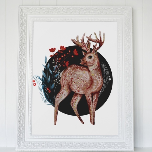 Wall Art Floral Deer Portrait Illustration Print Unframed - Picture 5 of 5